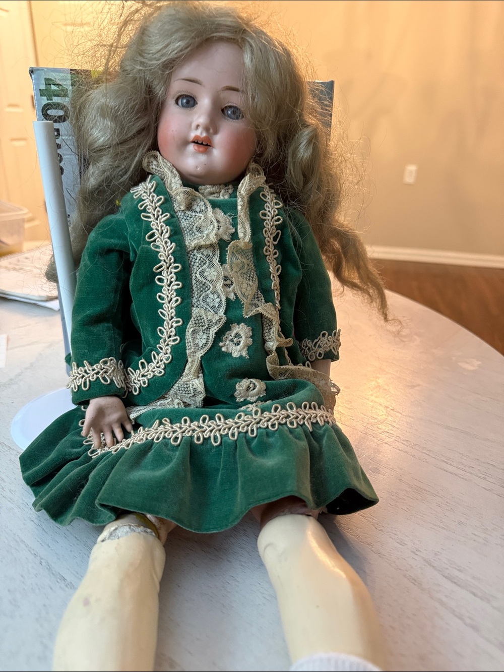 Classic Green Velvet Lace-Trim Doll in Vintage Style